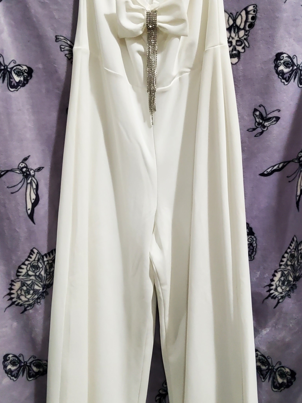 bebe White Wide-Leg Jumpsuit with Bow and Rhinestone Tassel NWOT